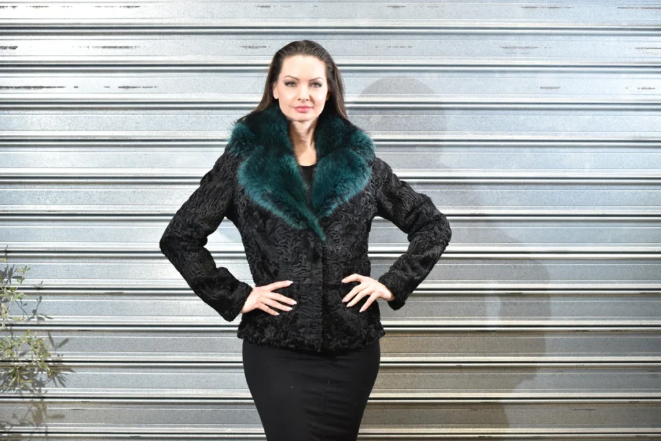 Mink Jacket with Racoon Collar Green and Persian Black