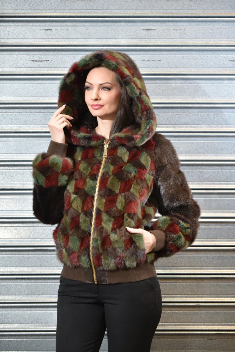 Bomber Mink Jacket 3D Style with Hood and Zipper Multicolor
