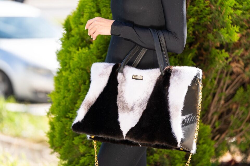 Big Bag Mink Fur Handmade Black and White