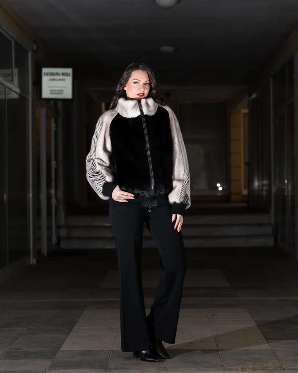 Mink Fur Bomber Jacket Black with Silver Ice