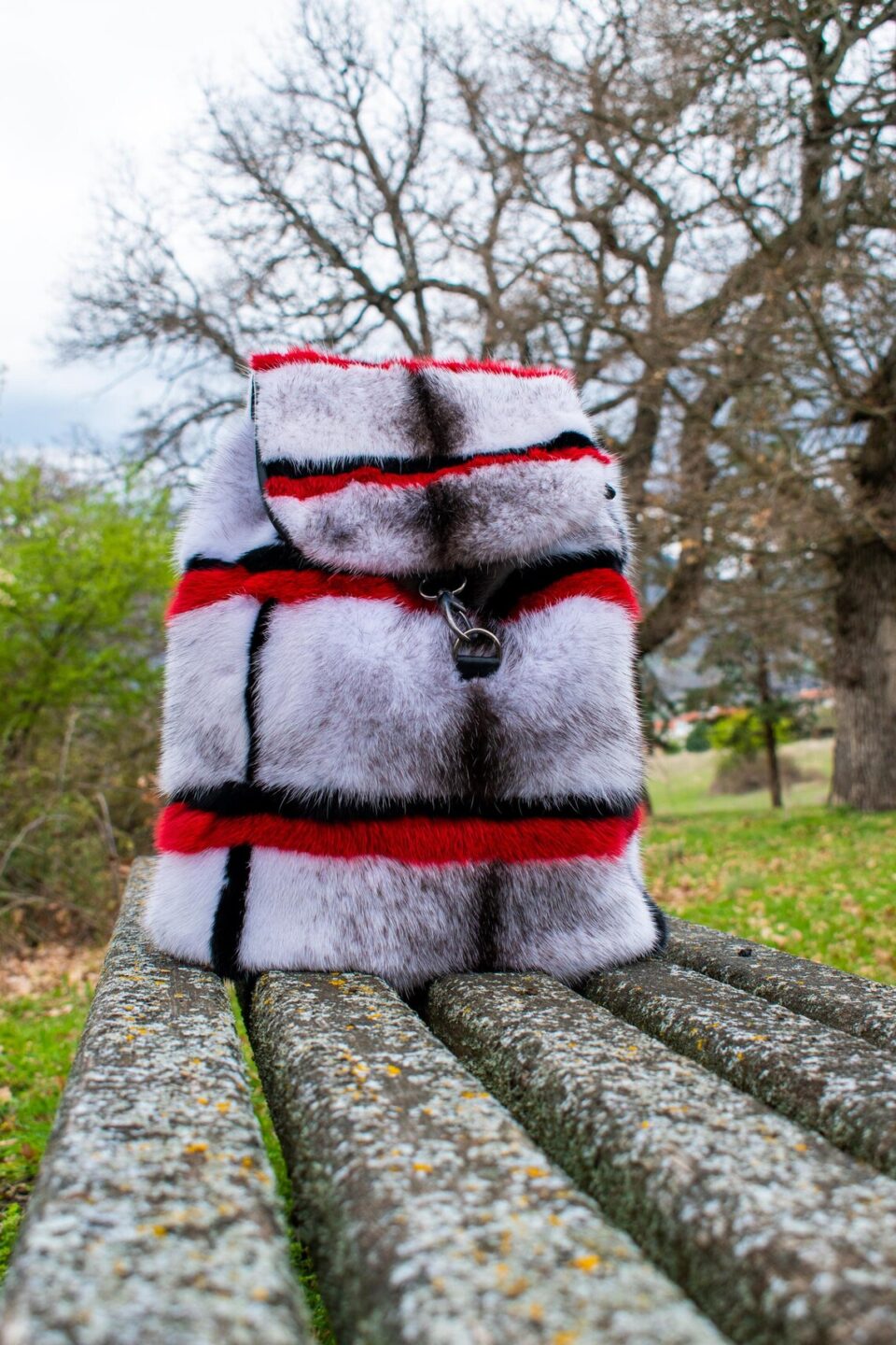 Backpack Black Cross Mink Fur with Red