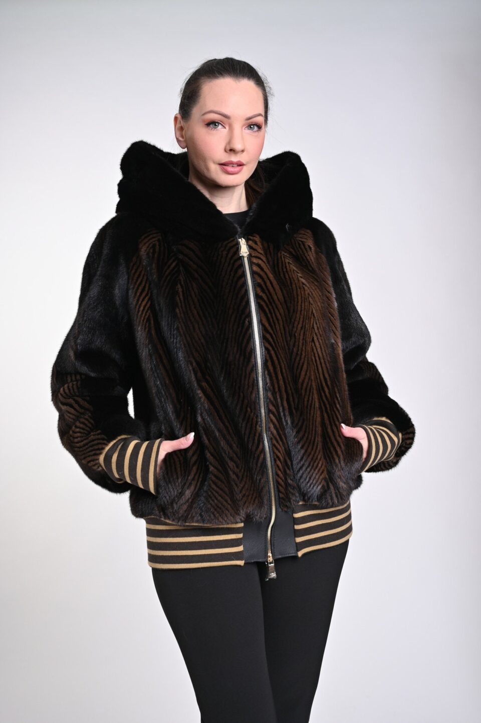 Bomber Mink Jacket Double Color Brown - Black with Hood Unisex