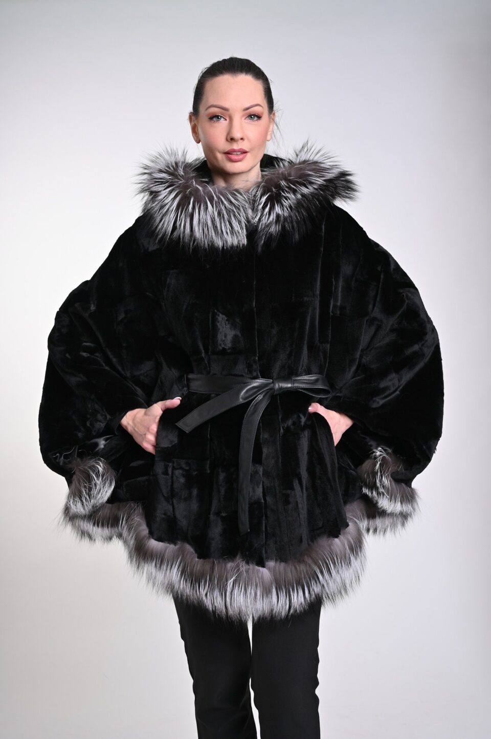 Hait Cut Black Mink Big Cape with Silver Blue Fox One Size