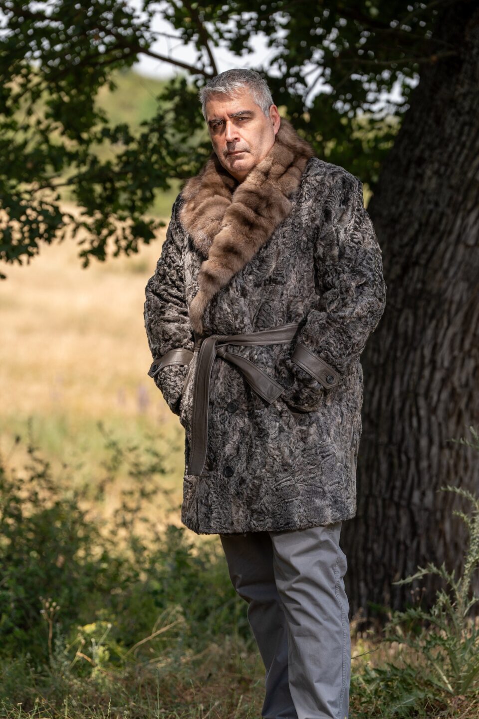 Swakara Fur Men Jacket with Collar Sable Brown and Beige