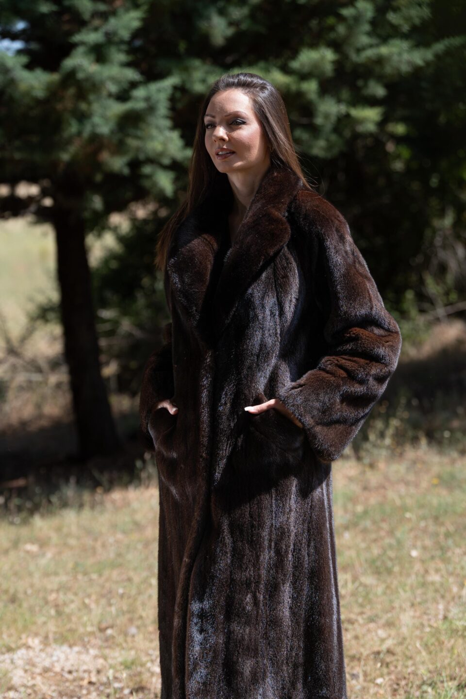 Mink Coat Fur with Collar Drop Sholter Style Brown Shearling