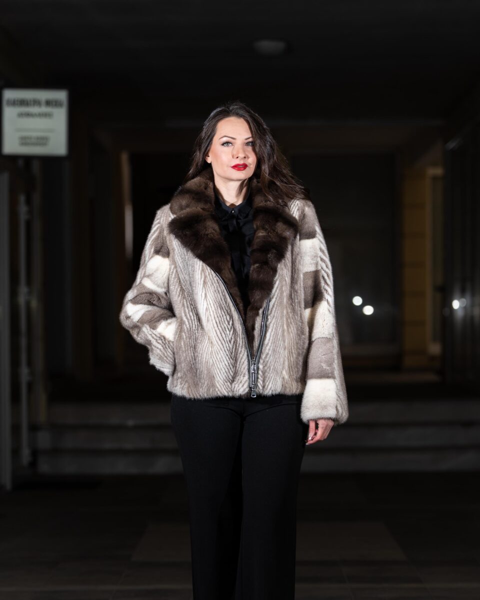 Bomber Mink Jacket Silver Blue with Sable Collar