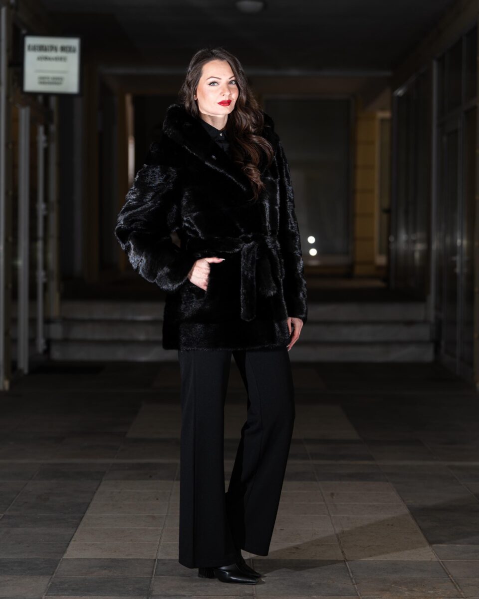 Black Mink Fur Jacket Horizontal with Hood and Belt