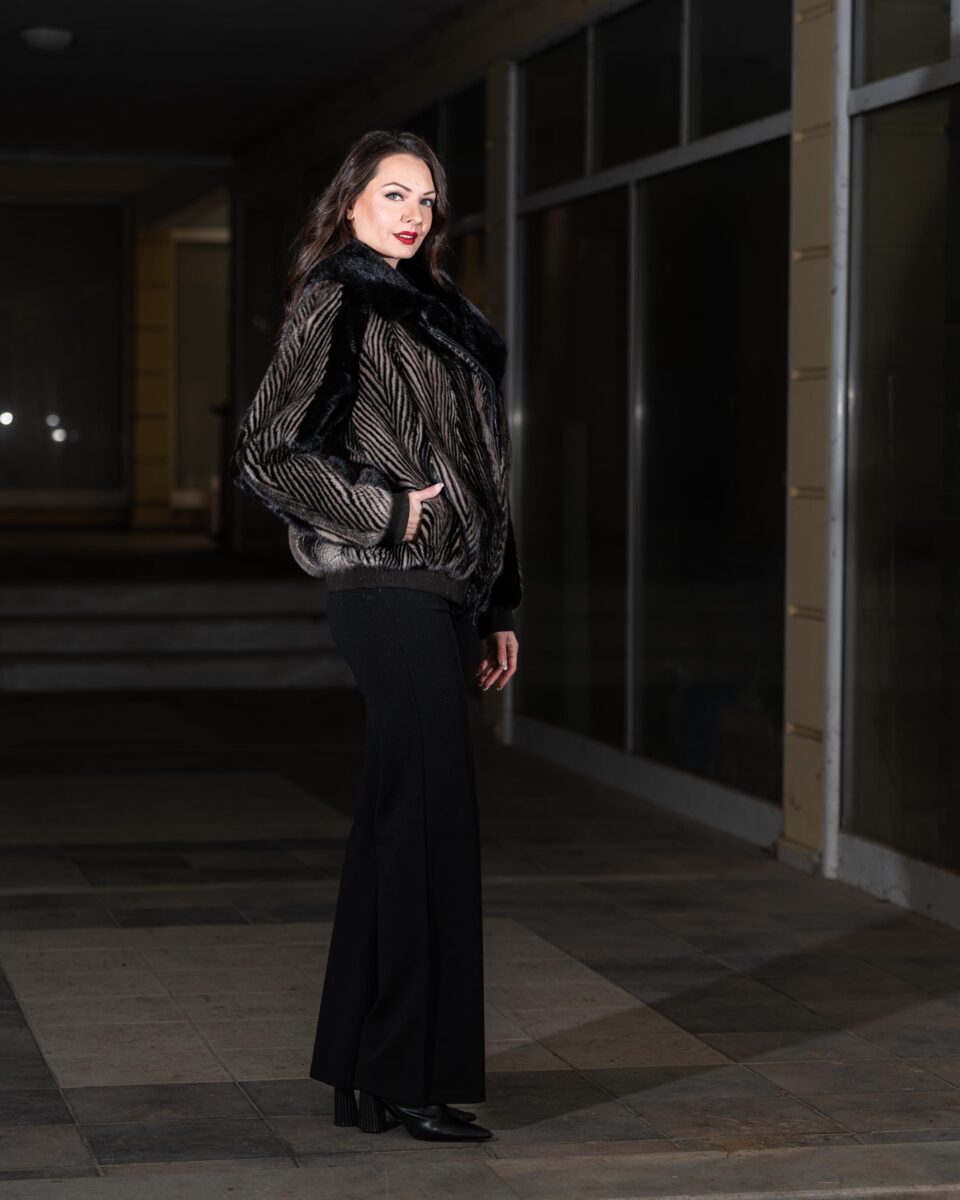 Mink Fur Black and Silver Blue Bomber Jacket with English Collar Shearling
