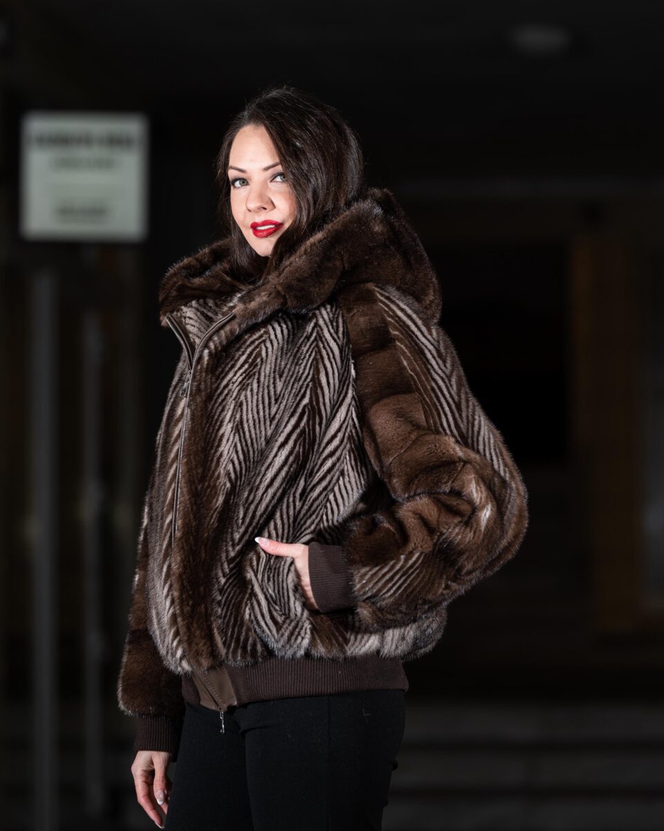 Brown with White Bomber Mink Jacket with Hood