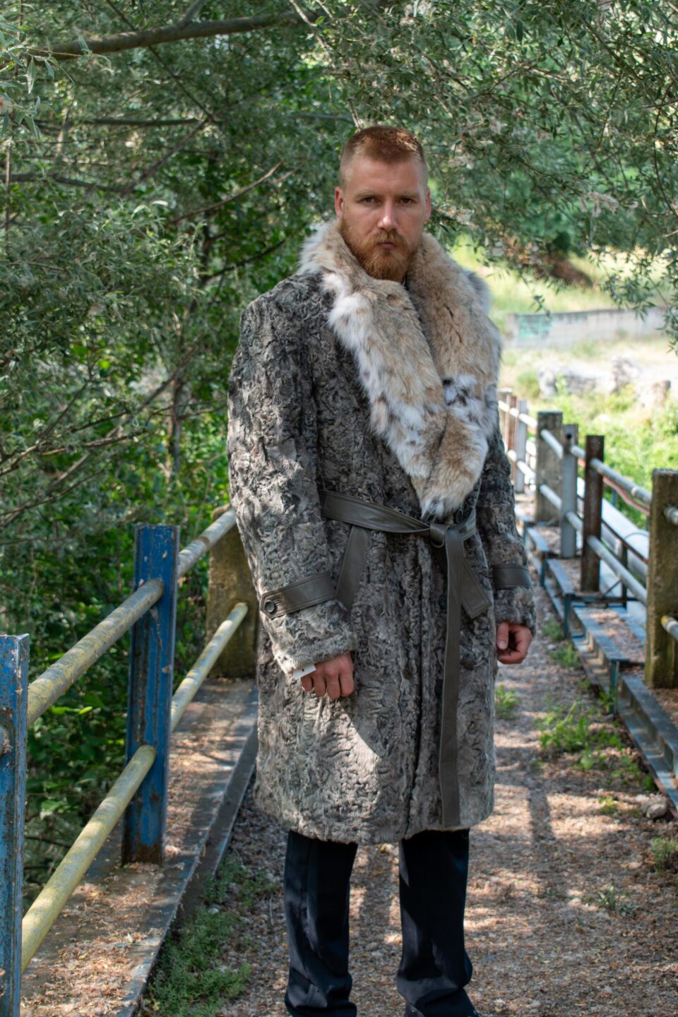 Men Swakara Fur Jacket Grey with Collar Lynx and Belt