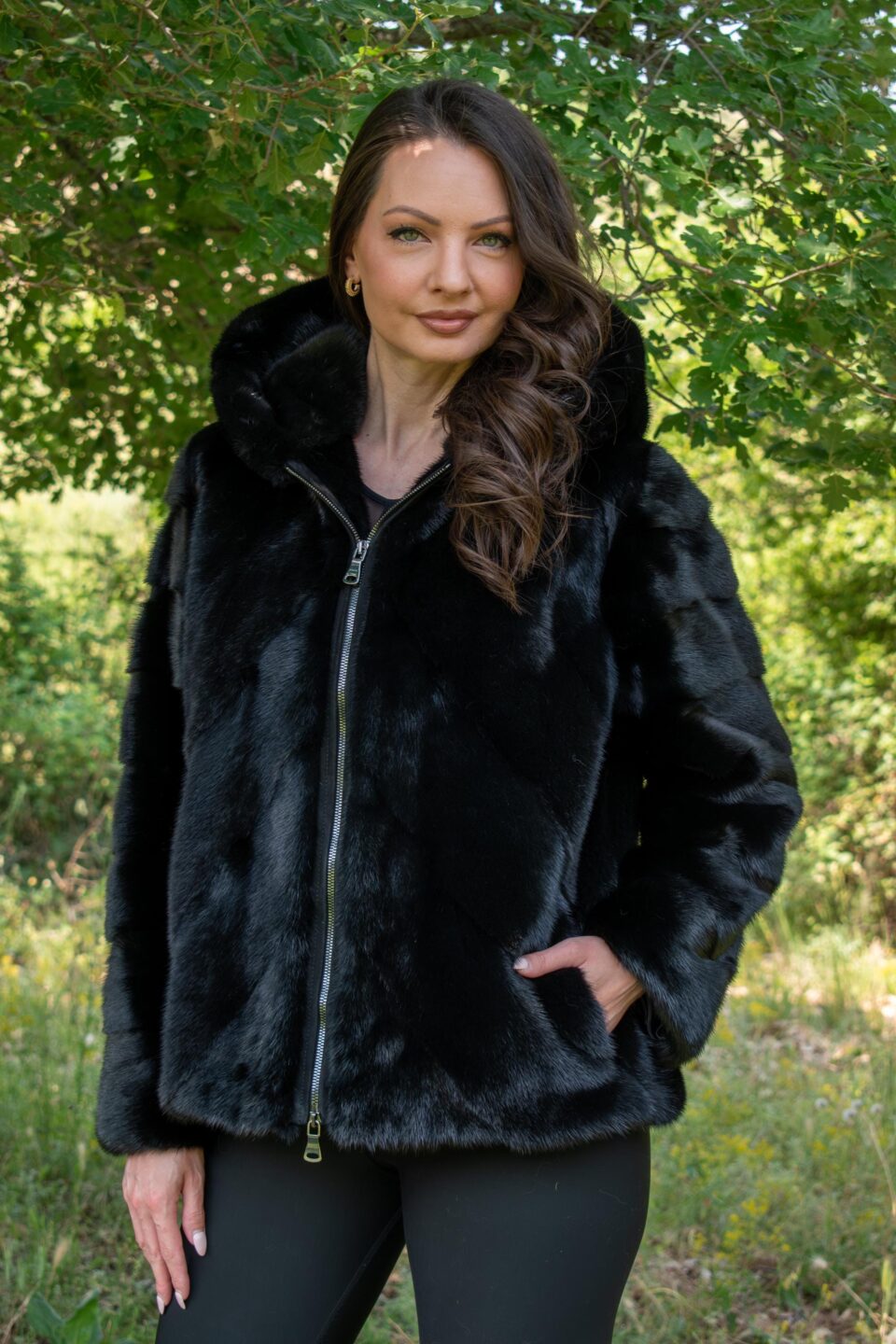 Diagonal Mink Fur Black Jacket with Zipper